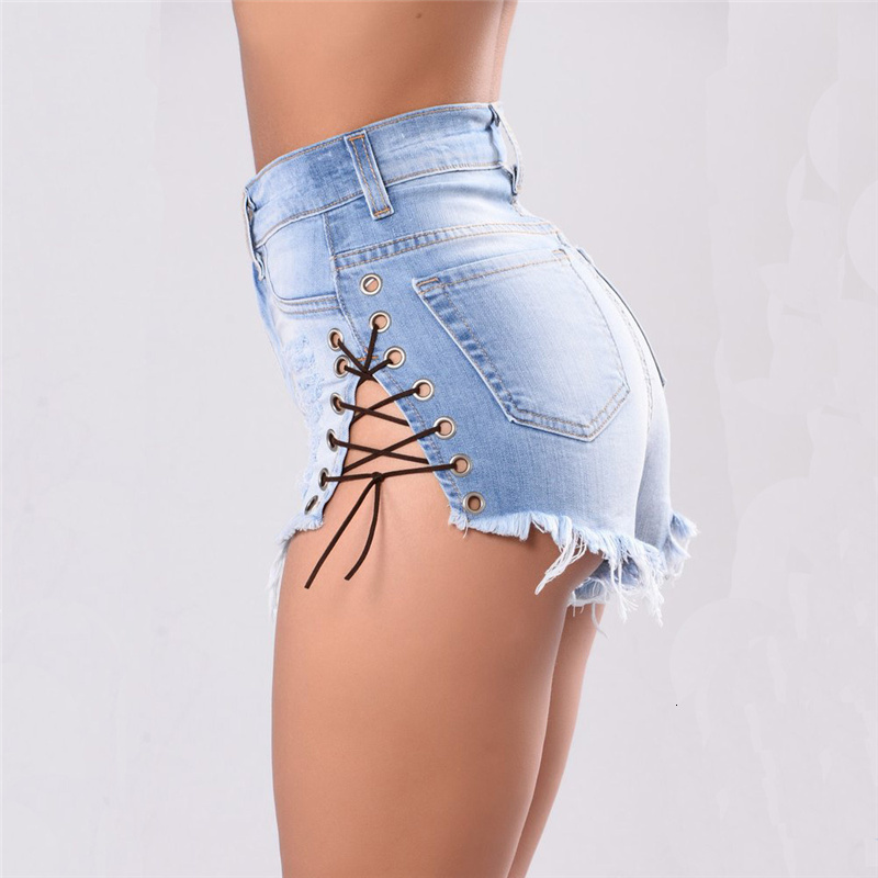 Women's Shorts Vintage Ripped Hole Fringe Blue Denim Lace Up Casual Pocket Jeans Summer High Waist Fashion 230222