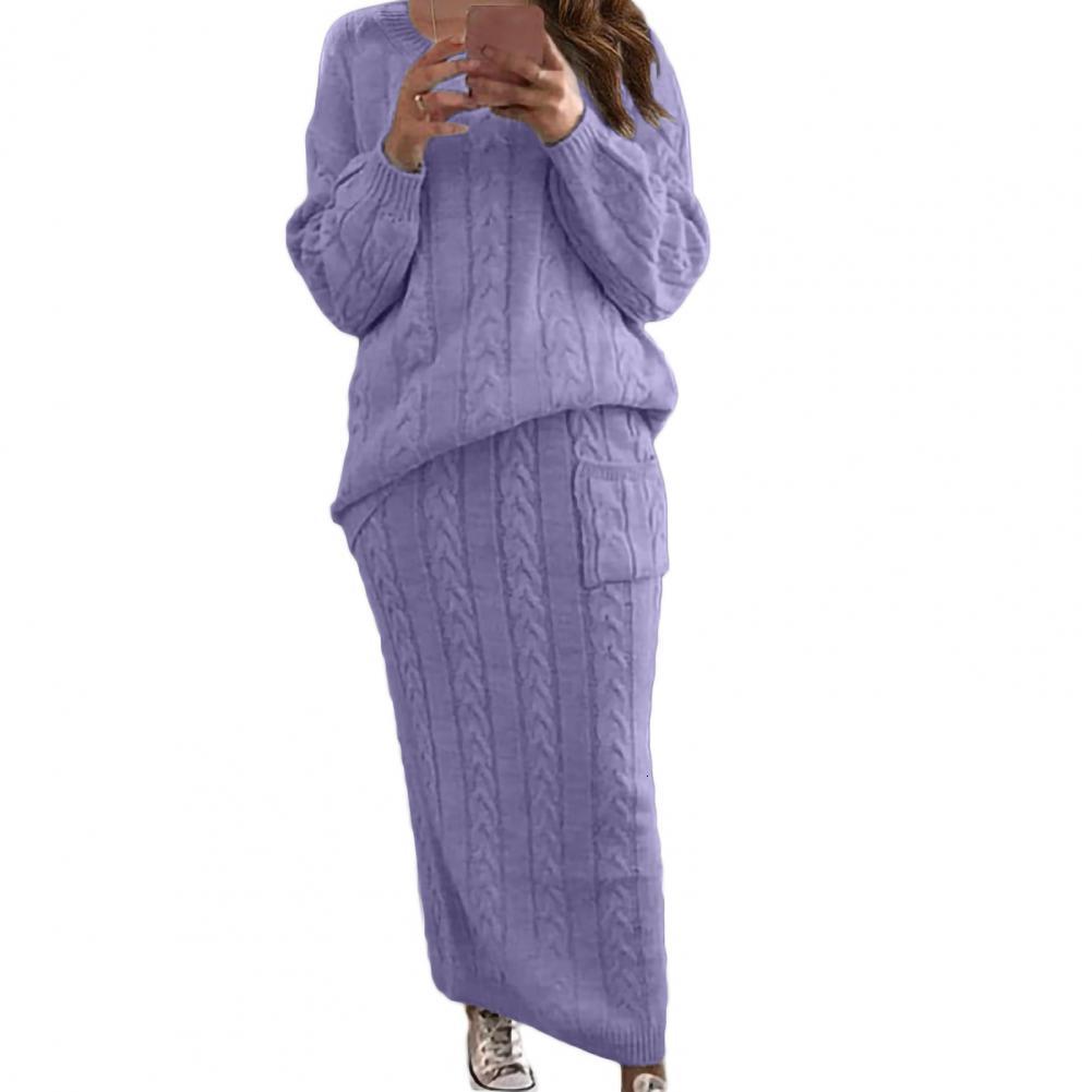 Two Piece Dress Winter Women Knitted 2 Pieces Set Casual Solid Color Long Sleeve Pullovers Sweater TopKnitted Skirts 2PCS Suits Warm Sets 230222