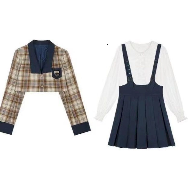 Two Piece Dress Fashion Blazer Skirt Set Women College Style Autumn Slim Plaid Suit Jacket High Waist Pleated Sling Skirts 2 Sets Woman 230222