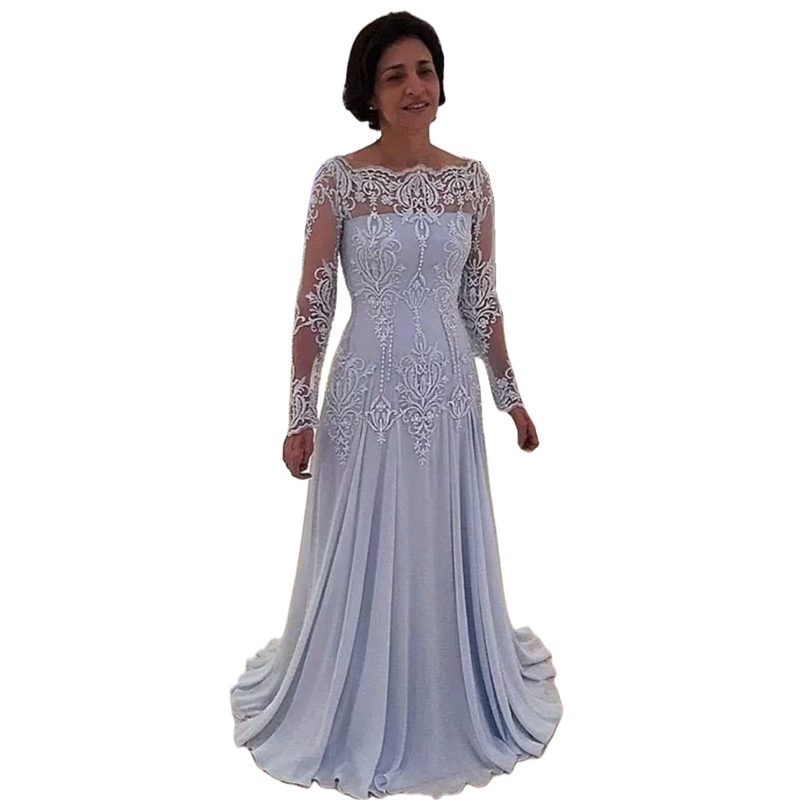 Elegant Mother Of The Bride Dresses Lace Applique Long Sleeves Chiffon A Line Wedding Guest Gowns Groom Mom Formal Evening Prom Party Dress