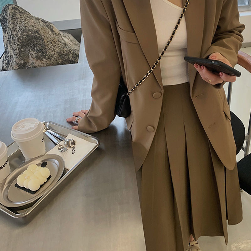Two Piece Dress Women Spring Autumn Retro 2 Sets Female Solid Color Blazer Jackets High Waist Pleated Skirts Ladies Suits D240 230222