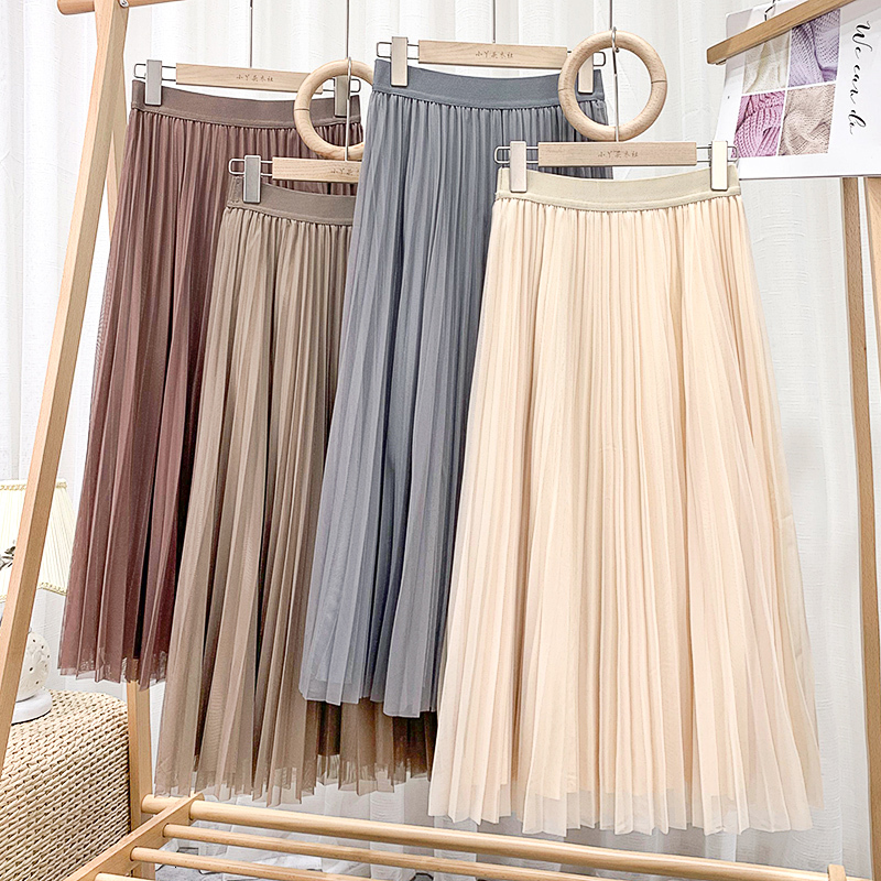 Casual Dresses Croysier Women Long Tulle Pleated Skirt Spring Summer Elastic High Waist Skirts Womens Elegant Mesh Midi Skirt Clothes 230222