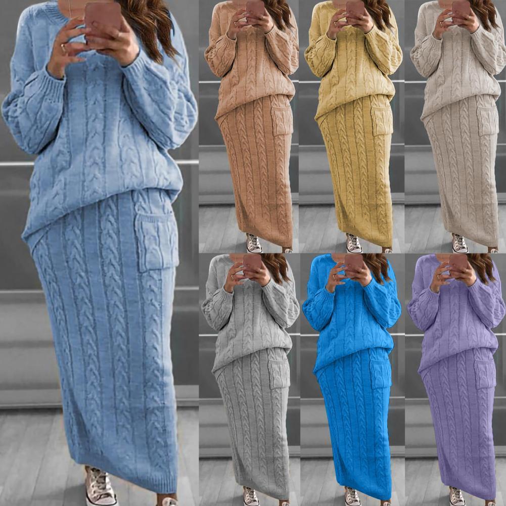 Two Piece Dress Winter Women Knitted 2 Pieces Set Casual Solid Color Long Sleeve Pullovers Sweater TopKnitted Skirts 2PCS Suits Warm Sets 230222