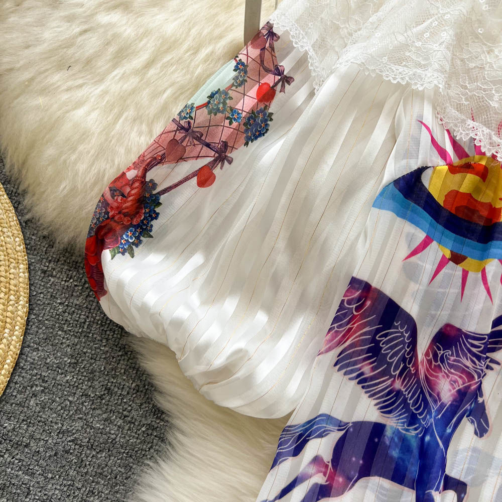 Two Piece Dress Women Spring Summer Ruffles Lace Shirts Half Sleeve Patchwork And Vintage Print Skirts Suit Party Clothing Sets NS644 230222