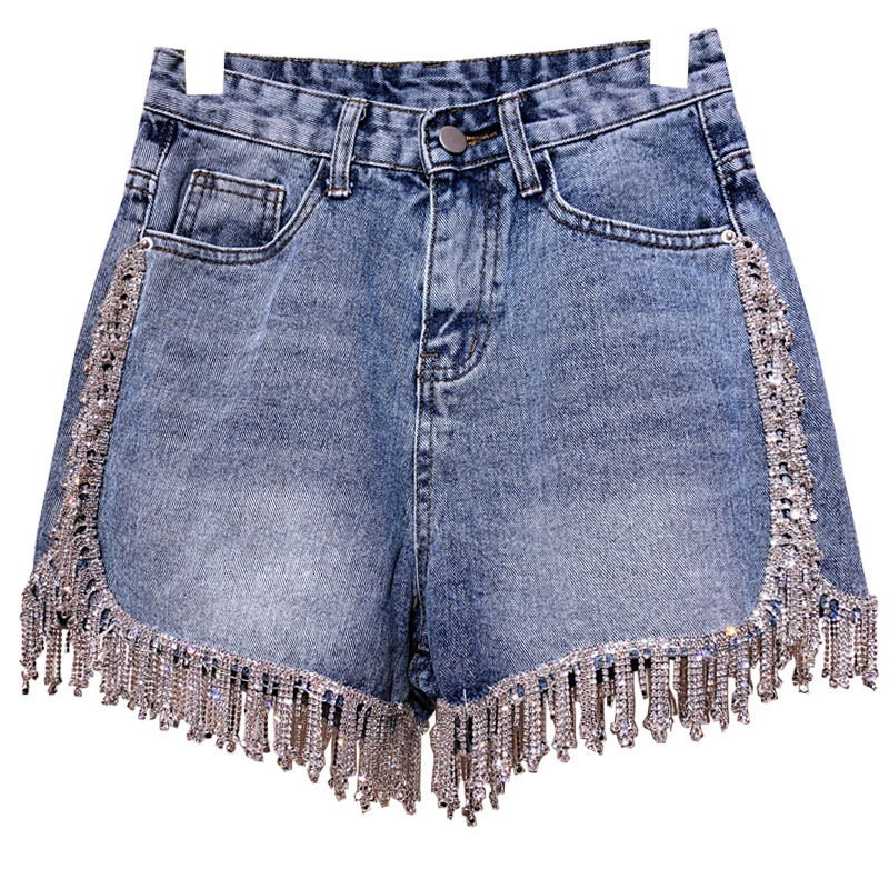 Women's Shorts Crystal s Tassel Straight High Waist Denim Women Summer Jeans in Blue 230222