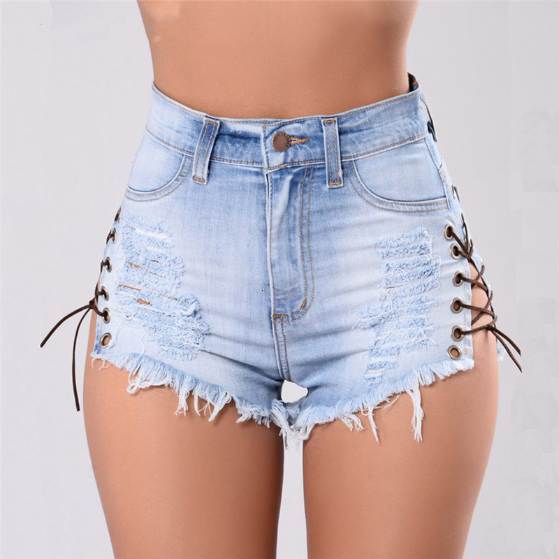 Women's Shorts Vintage Ripped Hole Fringe Blue Denim Lace Up Casual Pocket Jeans Summer High Waist Fashion 230222