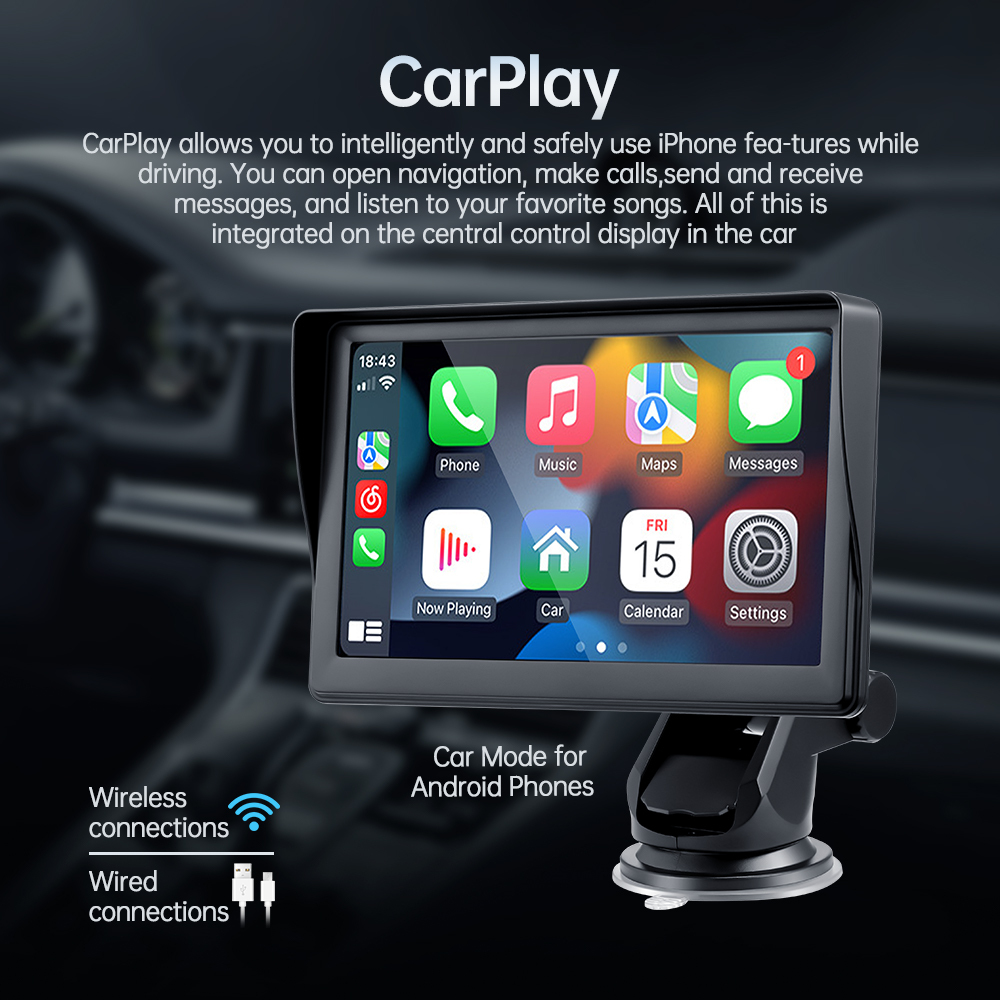 Portable 7 inch Apple CarPlay USB Mtimedia Player Android Auto Monitor AirPlay Phone Mirror Link Display for Car Bus SUV Pickup Taxi Truck Lorry Van M