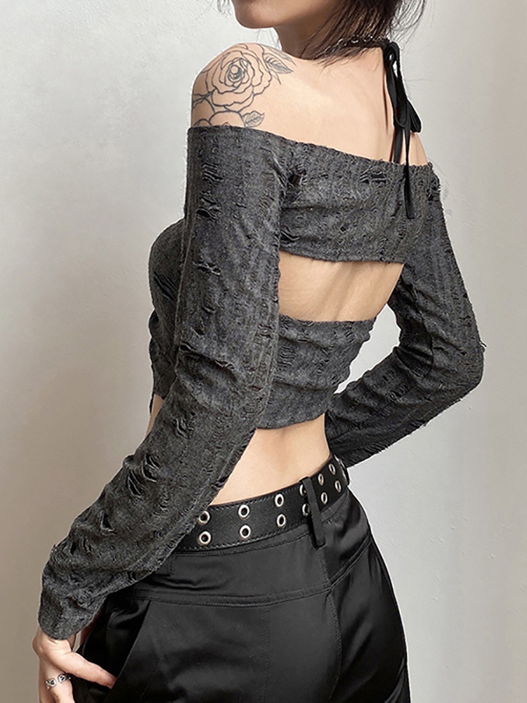 Women's TShirt Goth Dark Vintage Mall Gothic Drawstring Women Tshirts 2 Piece Set Y2k Retro Fairy Grunge Camisole Long Sleeve Buckle Crop Tops 23