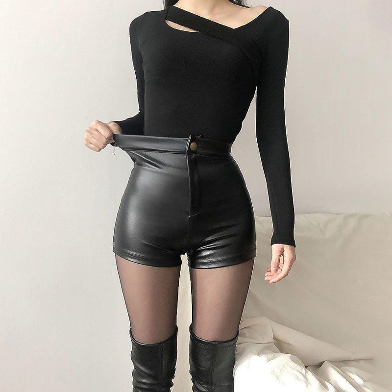 Women's Shorts Sexy Black PU Fashion Casual Summer Women Clothing Faux Leather Goth High Waisted Womens Woman Short Pants 230222