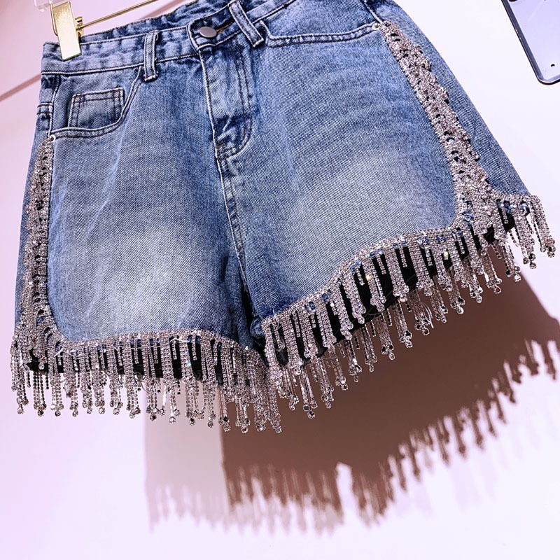 Women's Shorts Crystal s Tassel Straight High Waist Denim Women Summer Jeans in Blue 230222