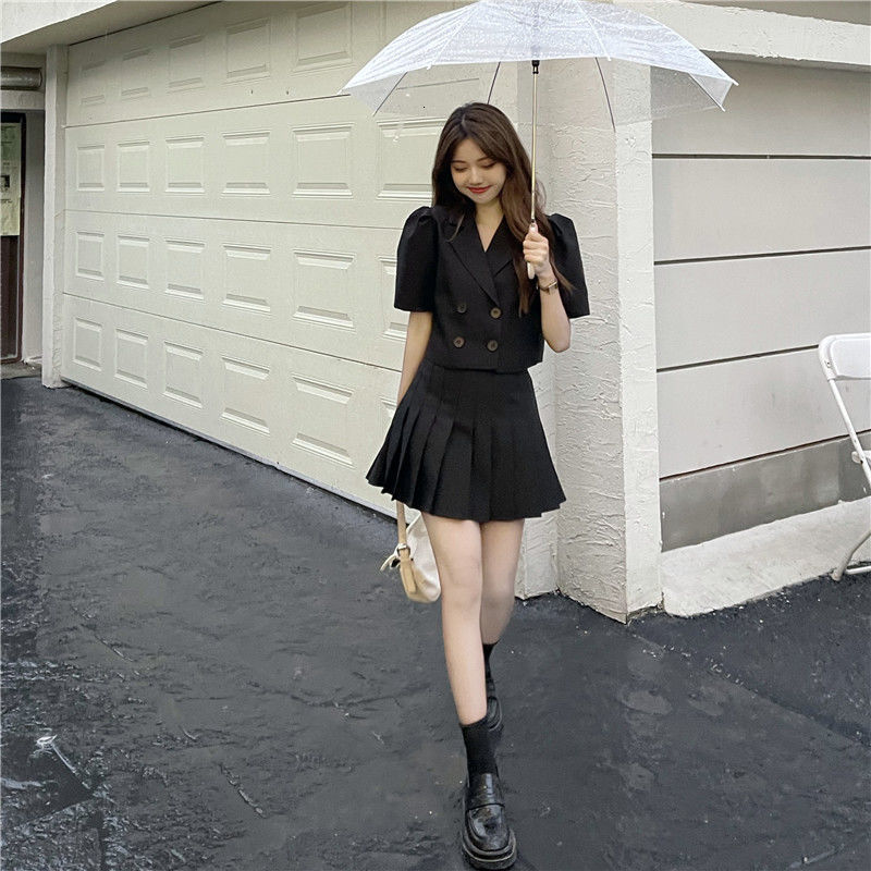 Two Piece Dress Summer Above Knee Mini Ages 1835 Years Old Ruched Skirt Suit Blazer and Set Ladies 2 230222