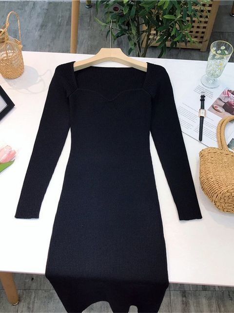Casual Dresses Square Neck Ribbed Thicken Warm Knitted Dresses Women Long Sleeve High Stretch Basic Bodycon Dress Streetwear C-121 230222