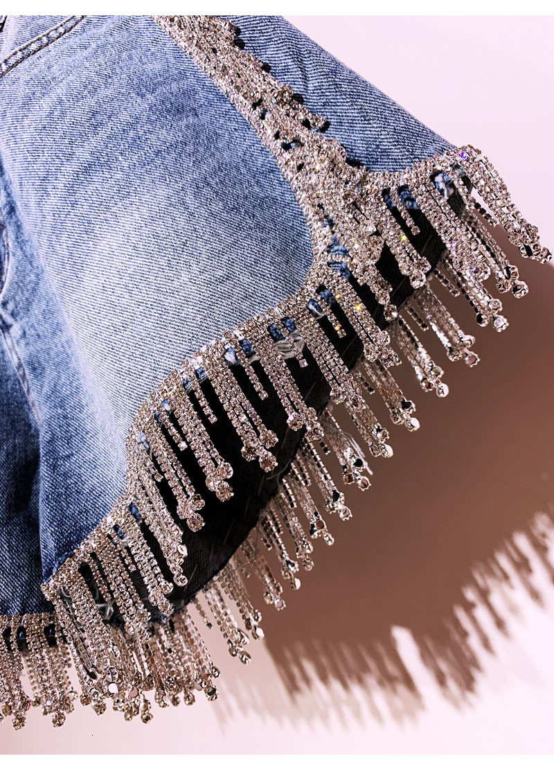 Women's Shorts Crystal s Tassel Straight High Waist Denim Women Summer Jeans in Blue 230222