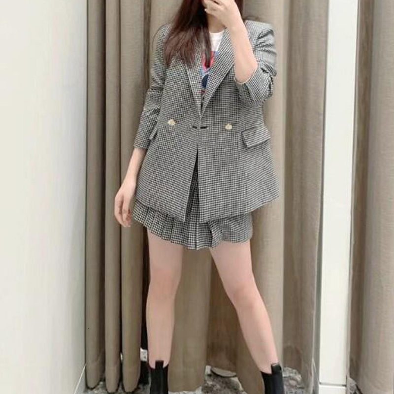 Two Piece Dress Wool Thousand Bird Grid Suit Coat for Women 2023 France Double Breasted Long Sleeve Pleated Skirt Free Freight 230222