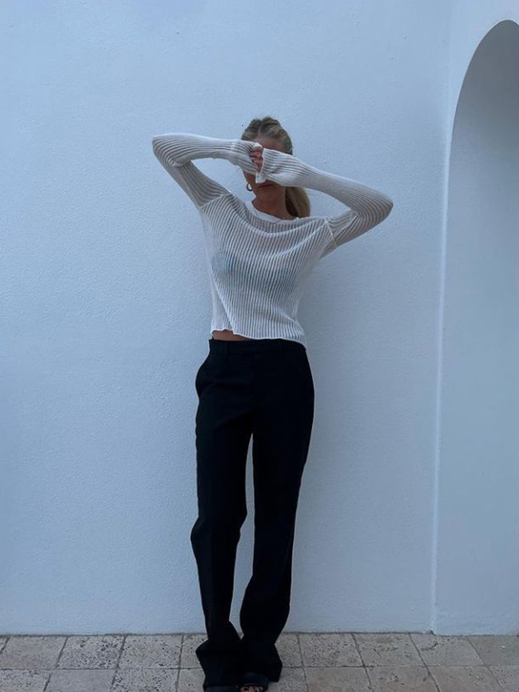 Women's Knits Tees Cryptographic Fashion White Elegant Striped See Through Women Tops Outfits Long Sleeve T-Shirts Tees Skinny Club Party Clothes