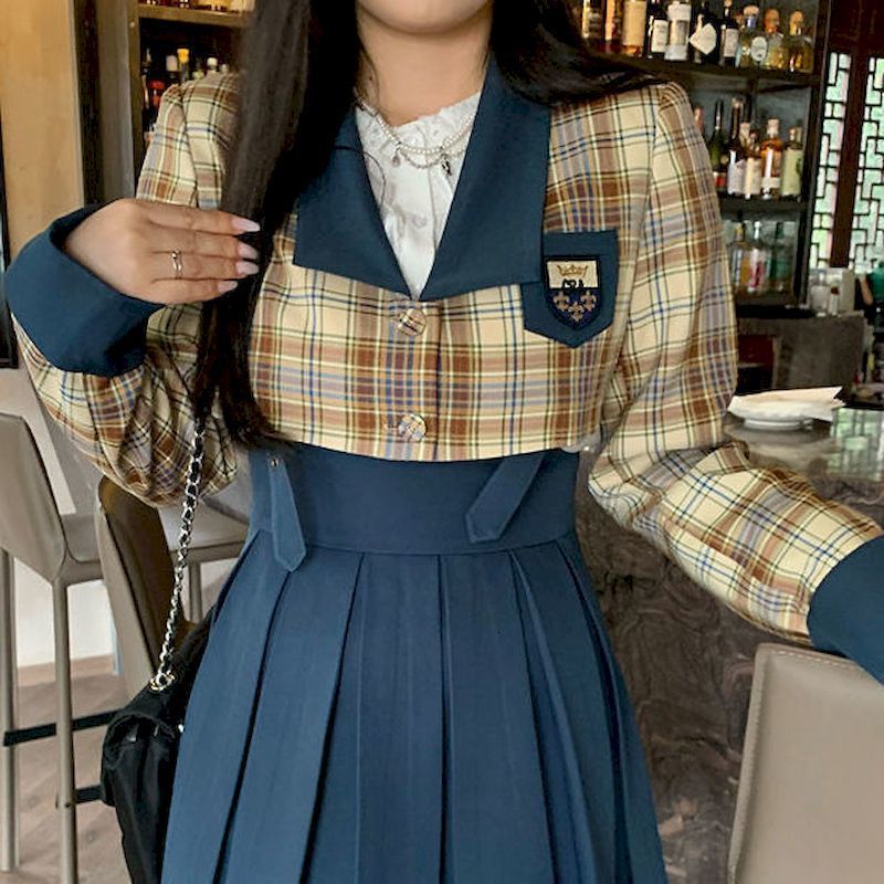 Two Piece Dress Fashion Blazer Skirt Set Women College Style Autumn Slim Plaid Suit Jacket High Waist Pleated Sling Skirts 2 Sets Woman 230222