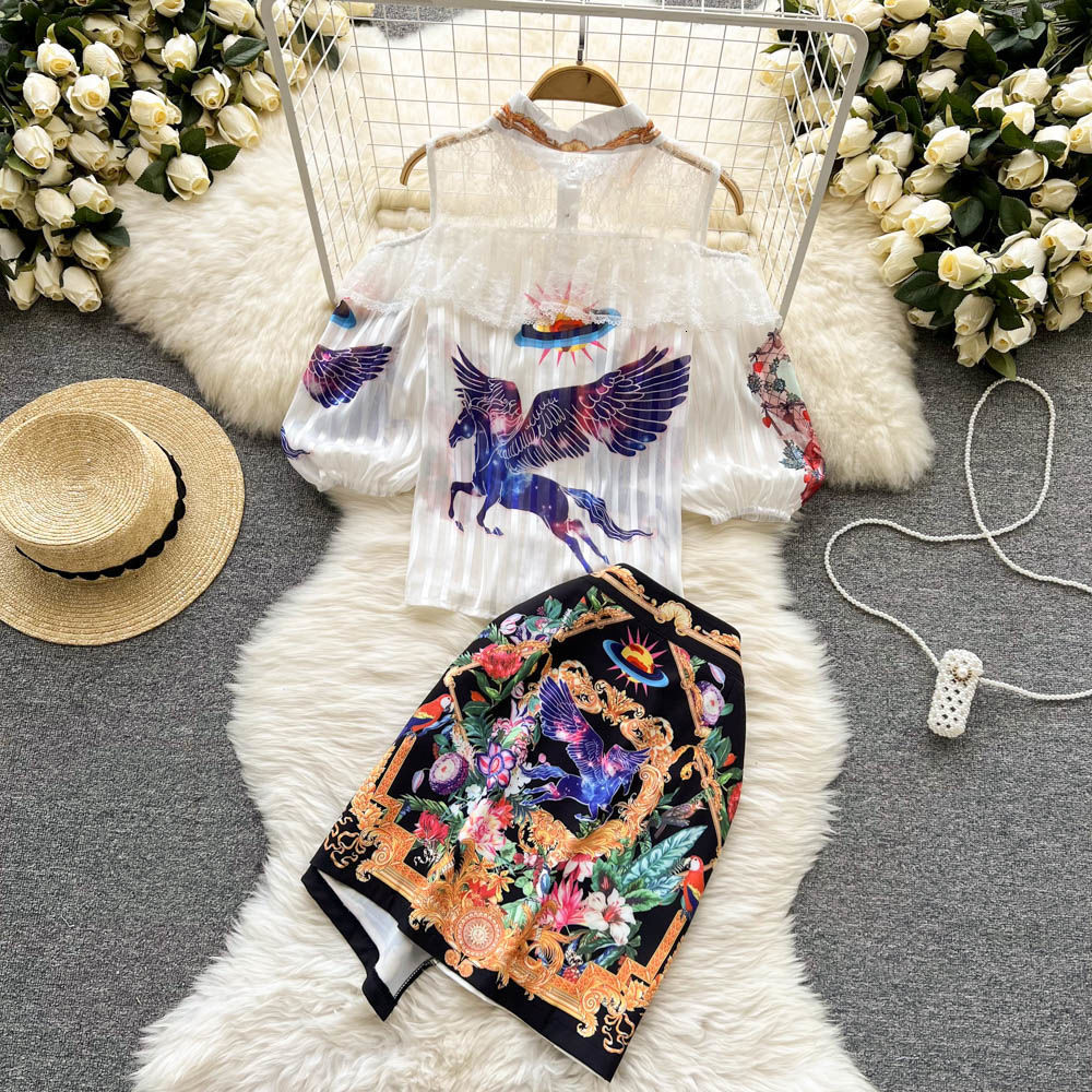 Two Piece Dress Women Spring Summer Ruffles Lace Shirts Half Sleeve Patchwork And Vintage Print Skirts Suit Party Clothing Sets NS644 230222