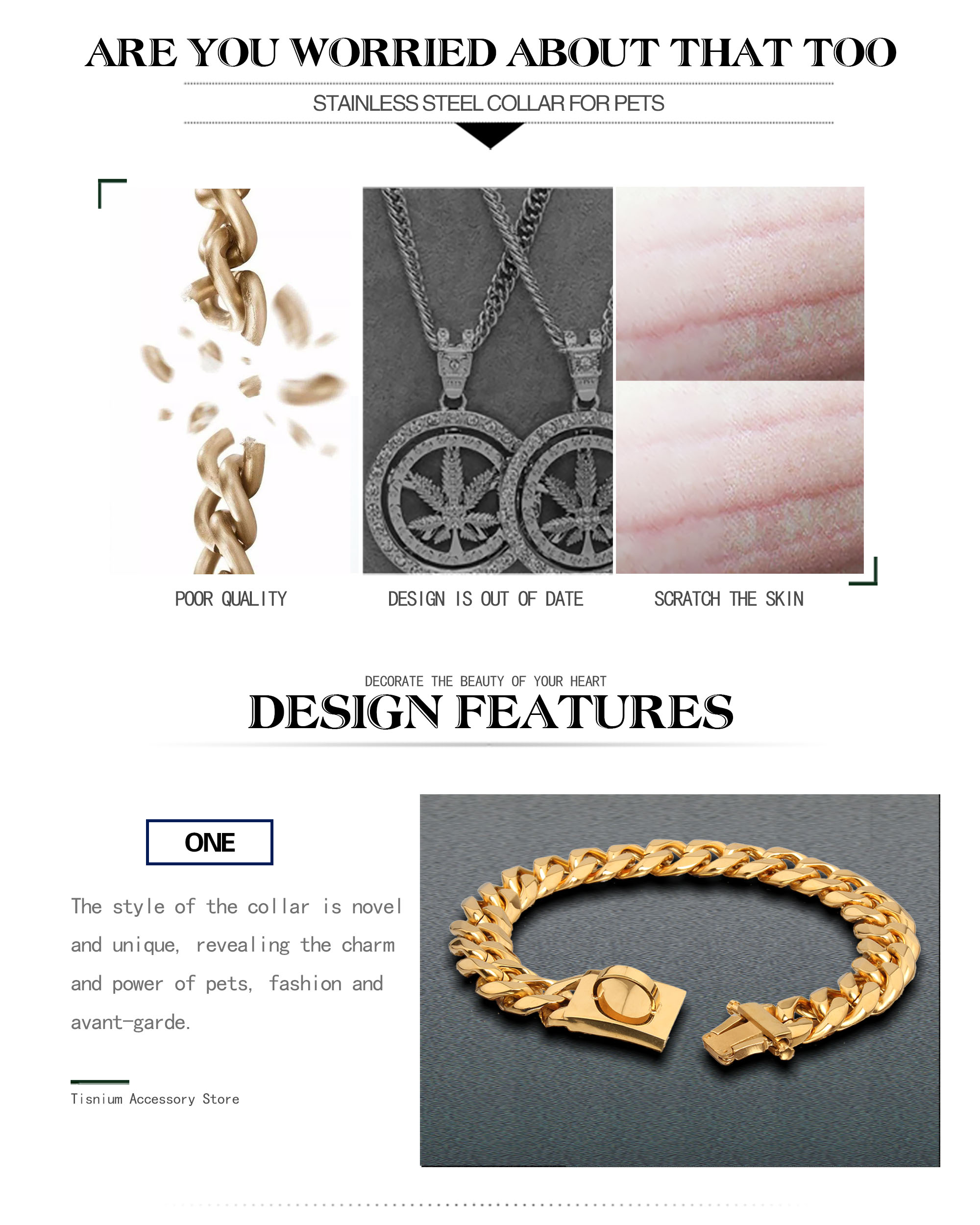 Update Dog Collars Stainless Steel Necklace Collar Pet Supplies Accessories Chain Medium Large Dogs Gold Solid Cuban