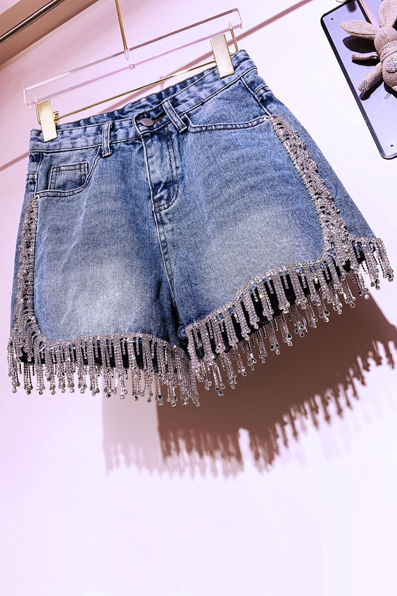 Women's Shorts Crystal s Tassel Straight High Waist Denim Women Summer Jeans in Blue 230222