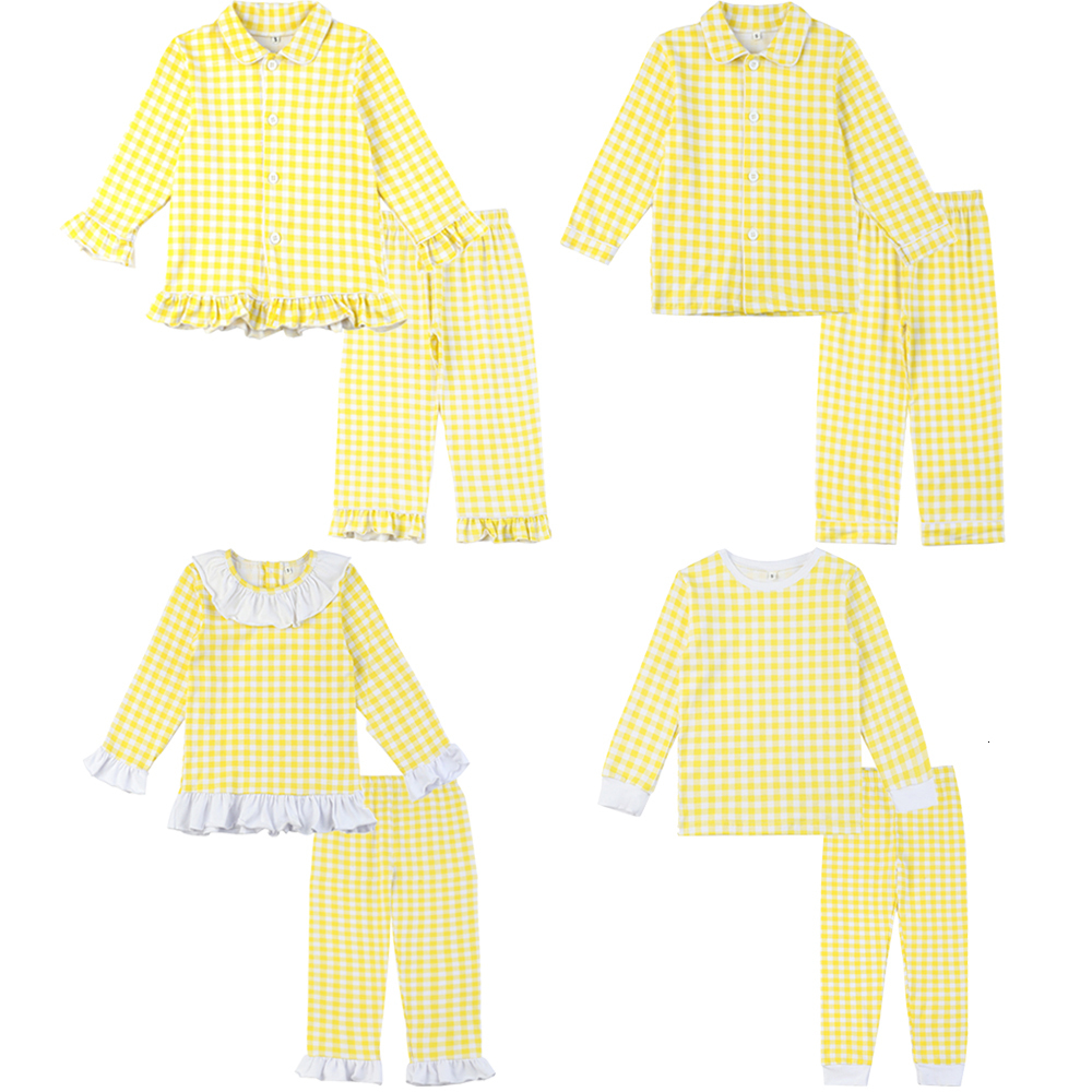 Pajamas 95% Cotton Boys And Girls Two Piece Long Set Lemon Frill Checked Kids Clothing Easter Pyjamas 230222