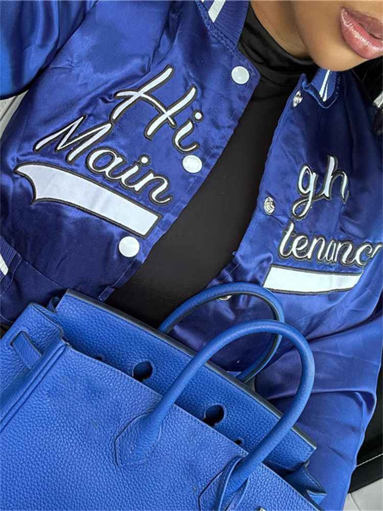 Womens Jackets FQLWL Fall Streetwear Jacket For Women Long Sleeve Crop Tops Blue Female Print Casual Coats And Varsity 230222