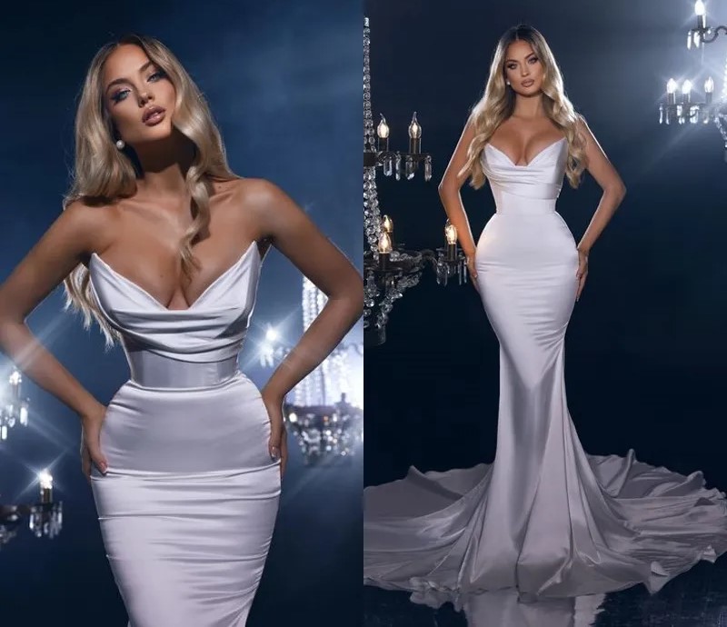 Sexy White V Neck Evening Dress 2023 Pleated Empire Waist Mermaid Sleeveless Satin Prom Formal Gowns Robe de Soiree 2023 Vestidos Feast
