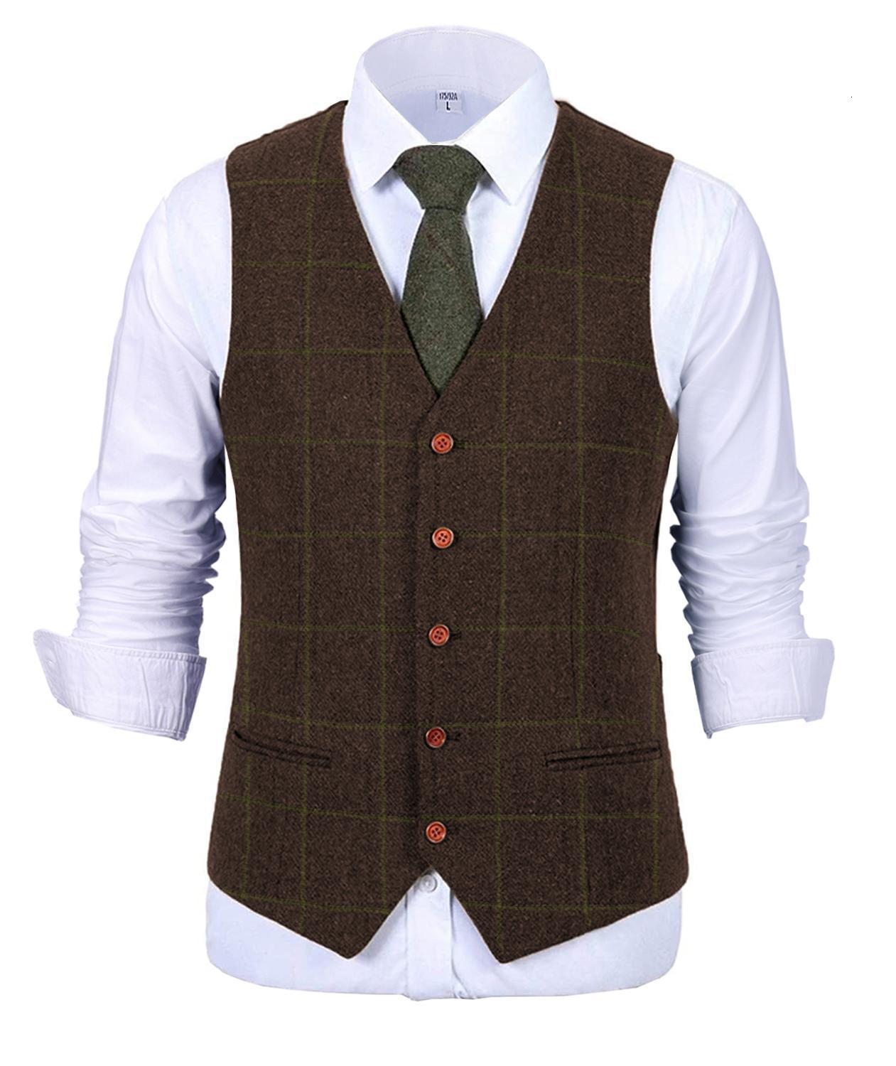 Men's Vests Army Green Vest Plaid Soft Wool Brown Jacket Casual Gentleman Tweed Business Waistcoat For Groosmen Man 230222