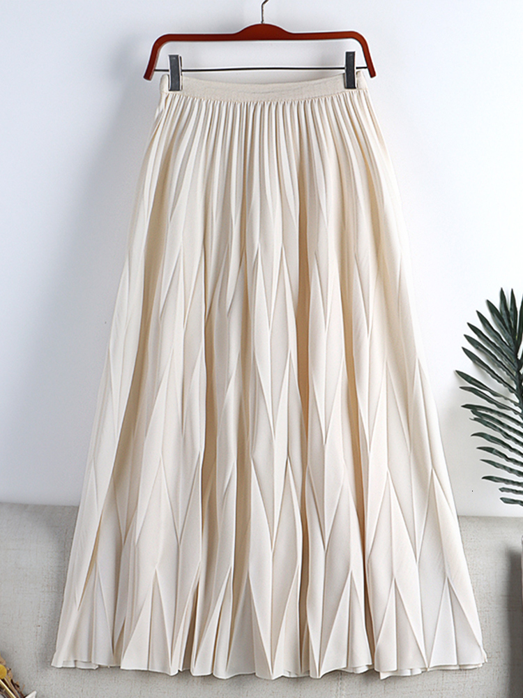 Casual Dresses TIGENA Fashion Rhombus Pleated Long Skirt Women Casual Solid All-match A Line High Waist Midi Skirt Female Ladies Black 230222