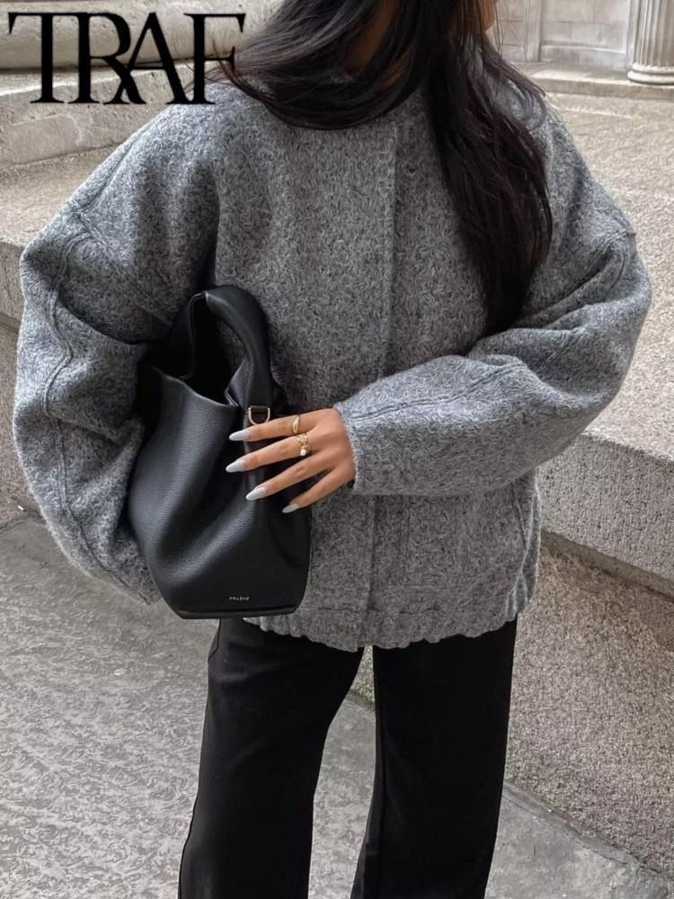 Womens Jackets TRAF Coat Bombers Gray Outwear Long Sleeve With Button Solid Top Casual Loose Spring Fall Woman 230222