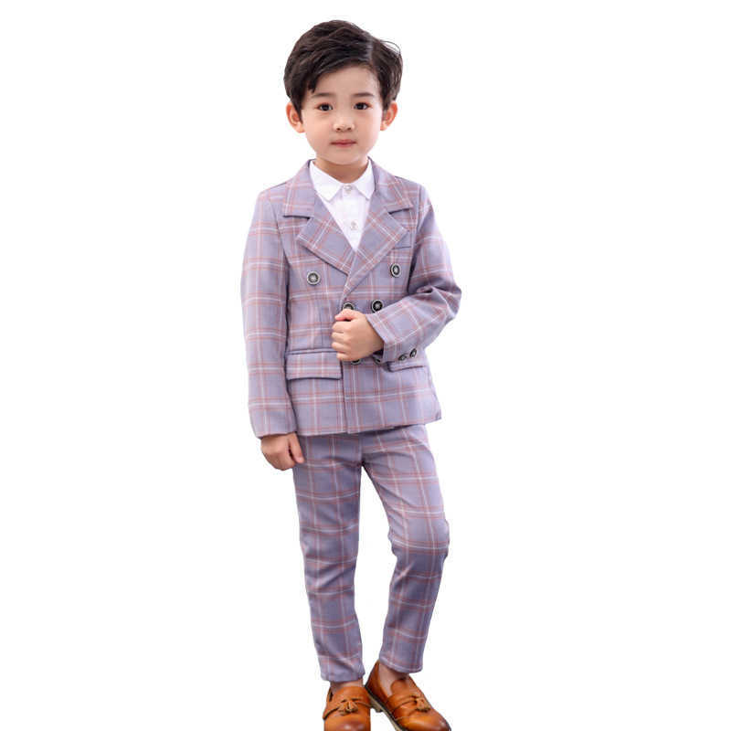 Clothing Sets Formal Children Plaid Dress Suit Sets Flower Boys Wedding Party Host Come Kids 2-breasted Blazer Pants 2pcs Clothes Sets W0222