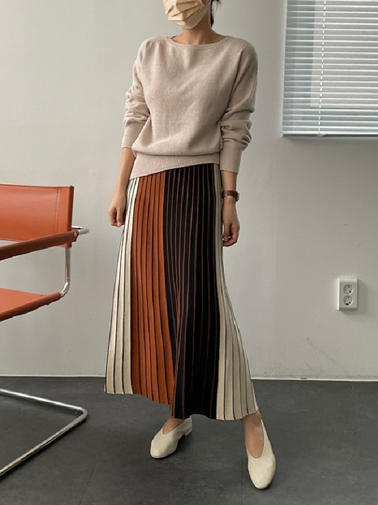 Casual Dresses Autumn Winter Knitting Skirt High Waist Long Pencil Skirt Women Knitted Casual Vintage Maxi Skirt Vintage Warm Thick Midi Stripe 230222