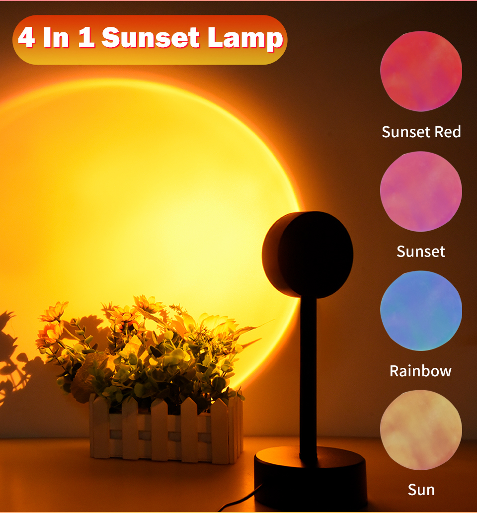USB Rainbow Sunset Light Red Projector Led Night Light Sun Projection Desk Lamp Bedroom Bar Coffee Shop Wall Decoration Lighting