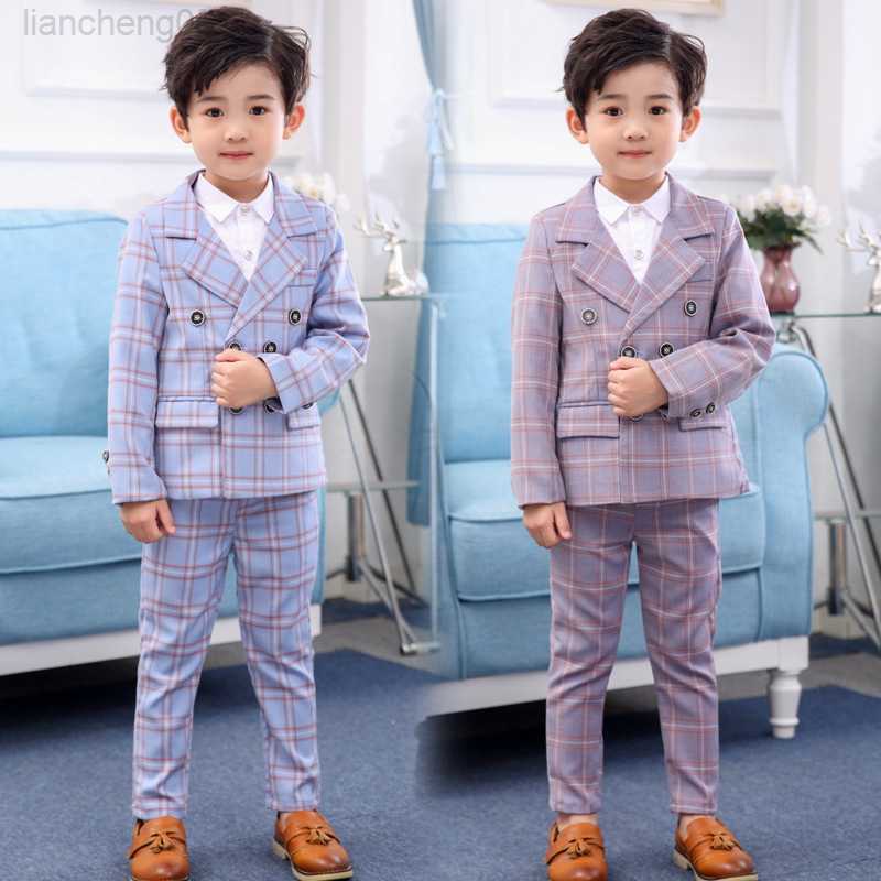 Clothing Sets Formal Children Plaid Dress Suit Sets Flower Boys Wedding Party Host Come Kids 2-breasted Blazer Pants 2pcs Clothes Sets W0222
