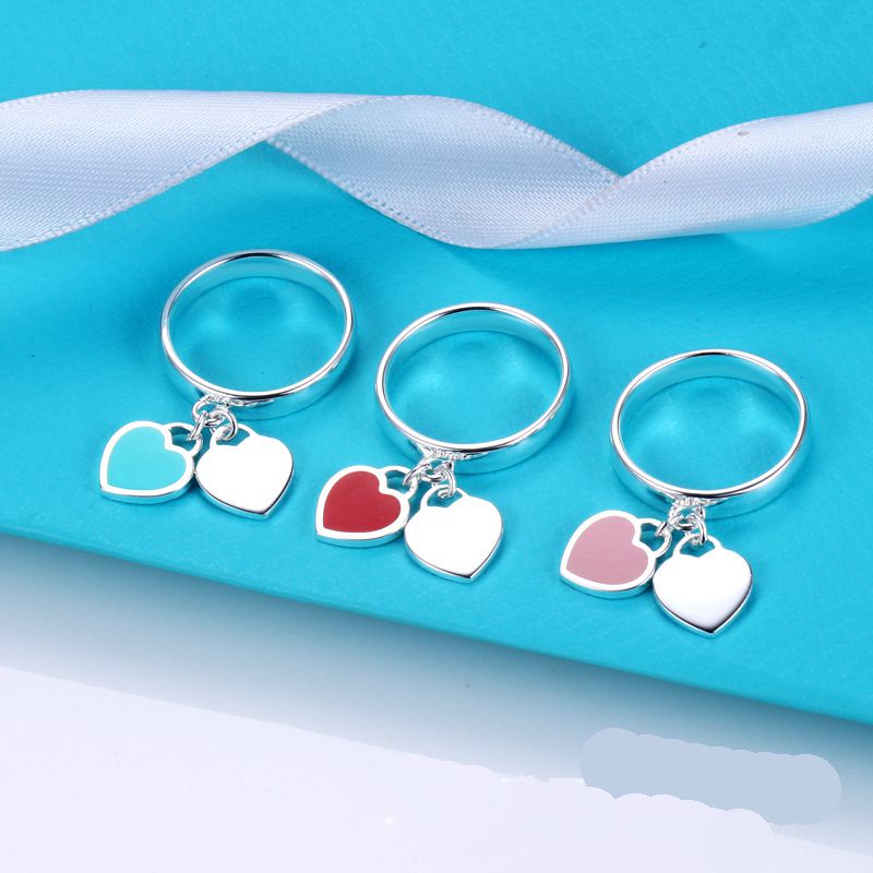 titanium steel silver love rings brand Printed Heart double-heart tag women ring designer couple jewelry gift