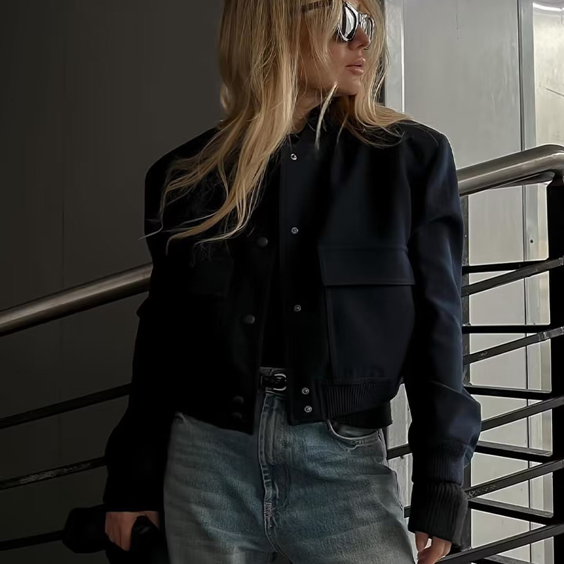 Womens Jackets Dark Blue Cropped Women Long Sleeves Big Pockets Chic Lady High Street Casual Coats Top Female 230222