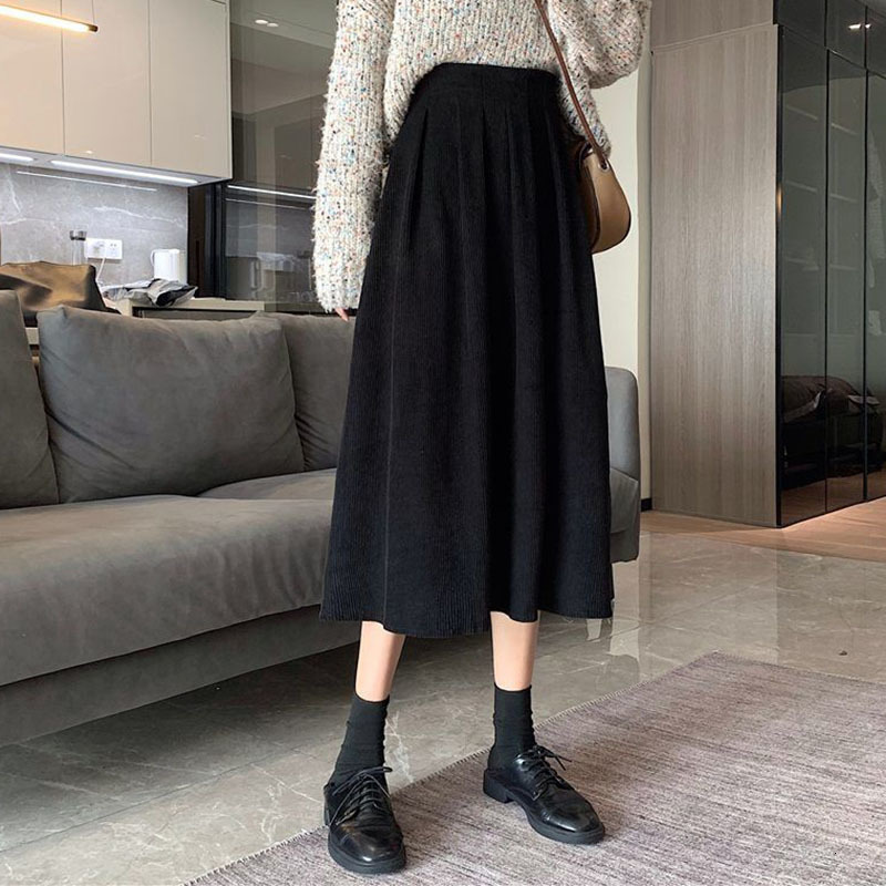 Casual Dresses Lucyever Women's Corduroy Midi Skirts Vintage Brown Black High Waist Long Skirts Female Autumn Korean Fashion A-Line Skirt 230222