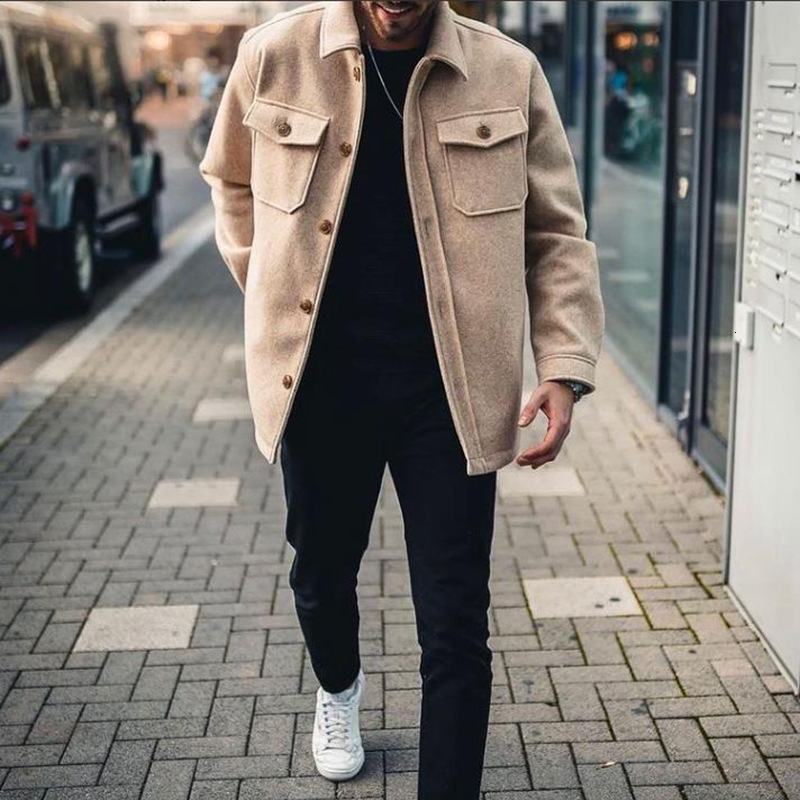 Men's Wool Blends Autumn Men Jackets Fashion Solid Long Sleeve Buttoned Turndown Collar Coats Casual Mens Clothes Outerwear Male Streetwear 23022