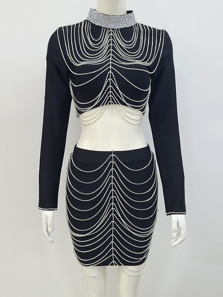 Two Piece Dress Ailigou Fall Black Sexy Skinny Party Ladies Outfit Fringe Beaded 2 Bandage Top Skirt Suit Club Costume 230222