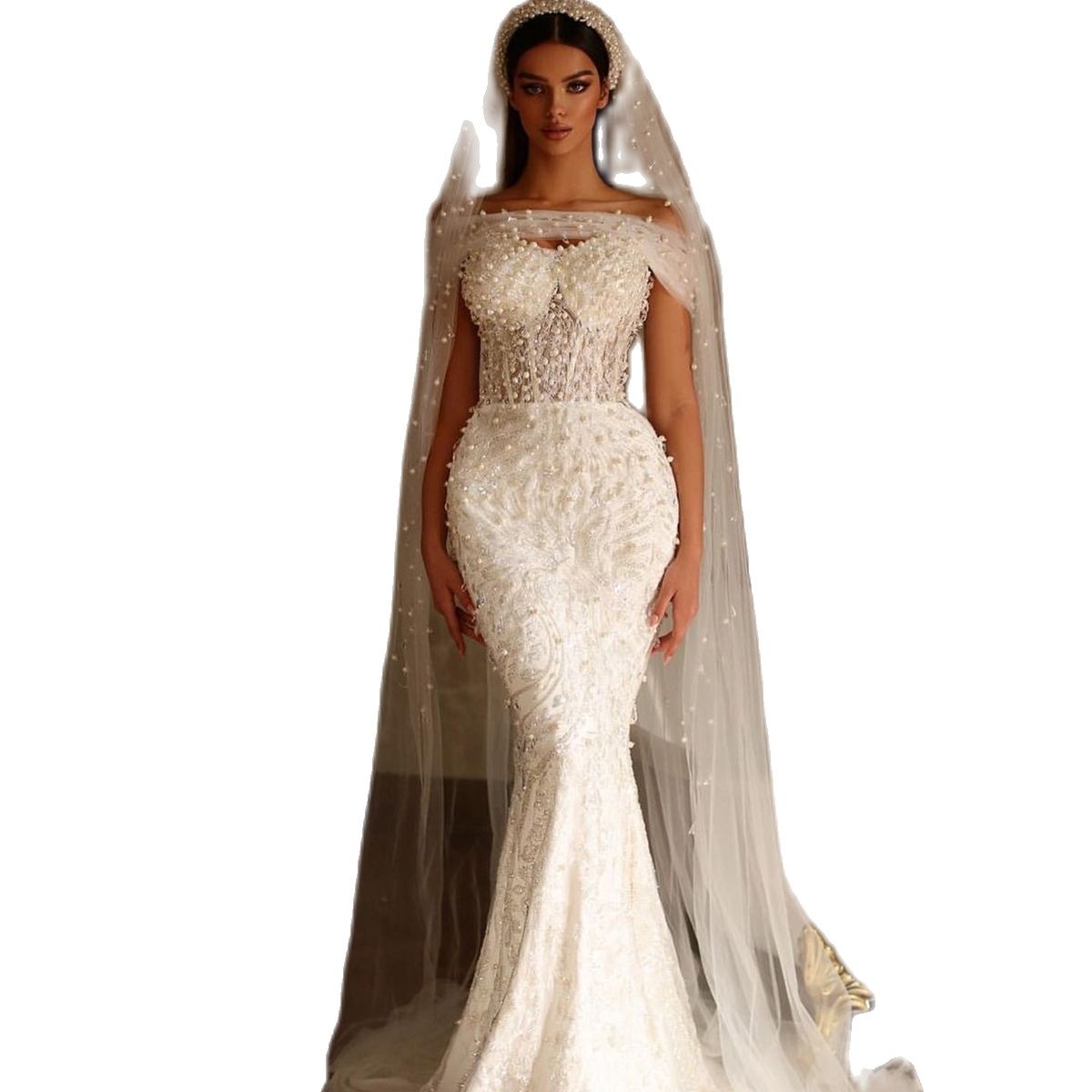 Exquisite Pearls Mermaid Wedding Dresses Fashion Sleeveless Lace Bridal Gowns Custom Made Beading Dress Vestido De Novia