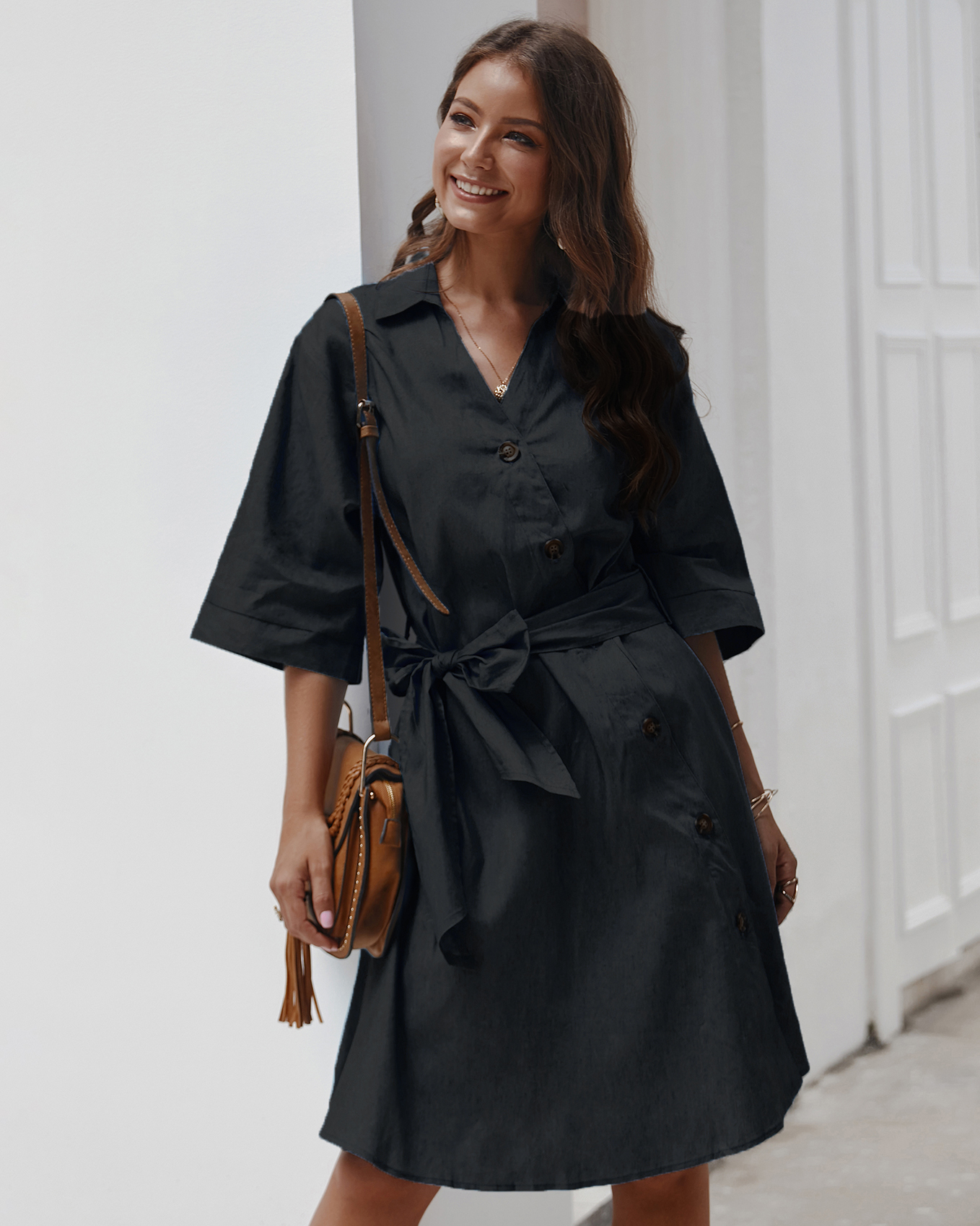 Casual Dresses GAOVOT Elegant Solid Color Shirt Dress For Women Fashion Single Breasted Lapel Holiday Casual Lace Up Dress Robe 230222