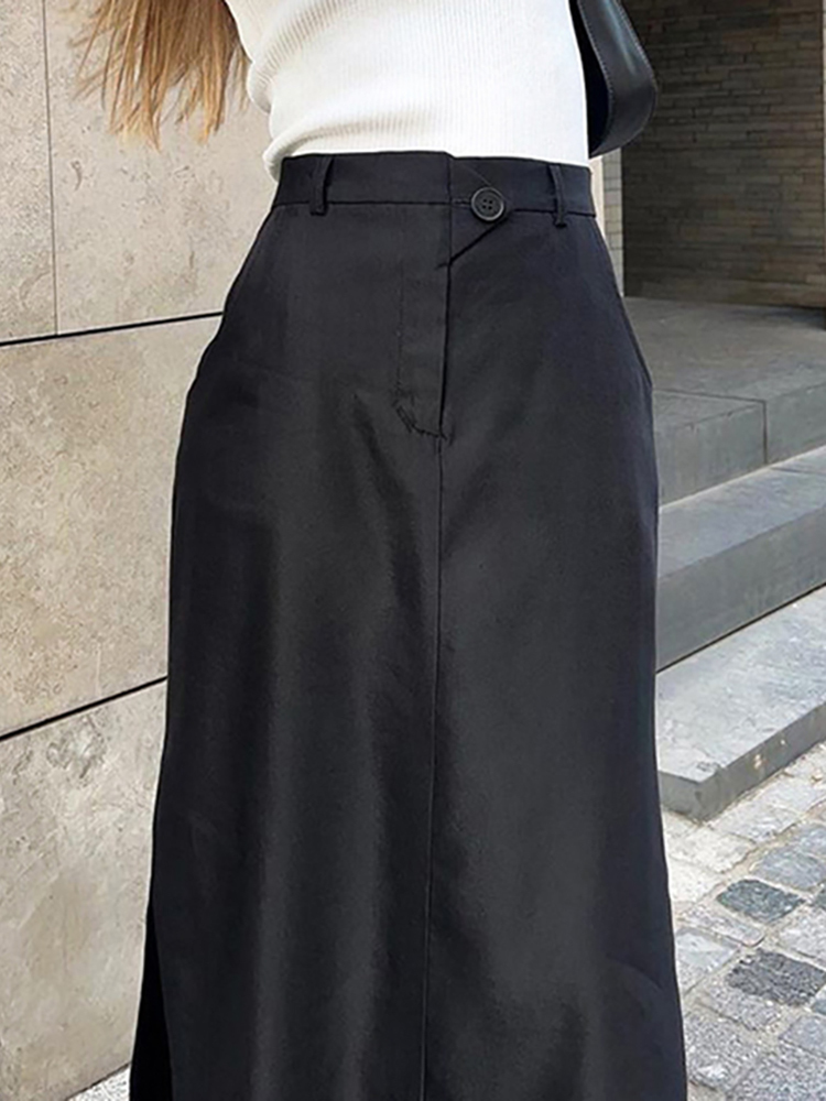Casual Dresses Taruxy Black Skirt Women Autumn Streetwear High Waisted Pencil Long Skirts Dress Femme Casual Split Vintage Silk Skirt 230222