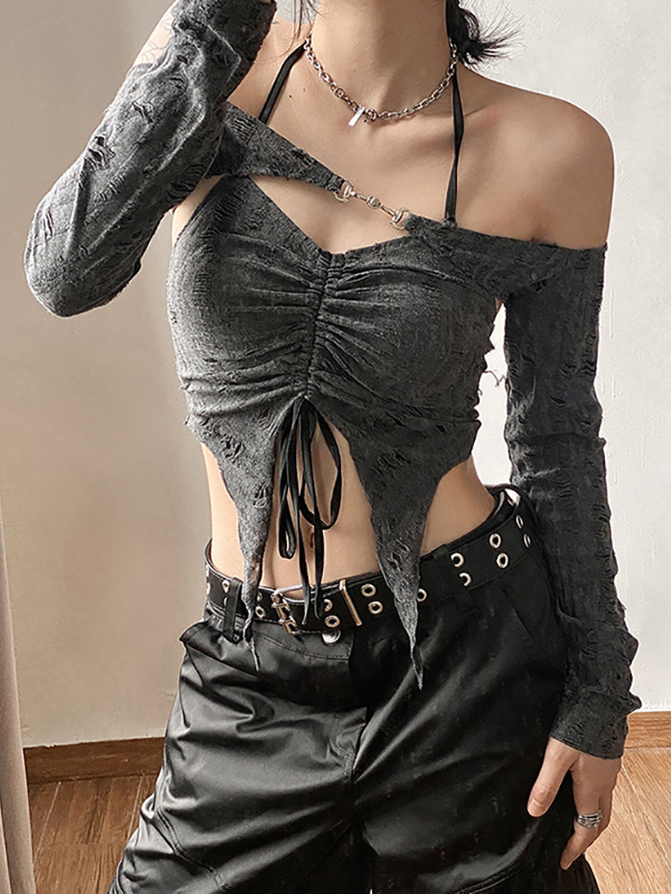 Women's TShirt Goth Dark Vintage Mall Gothic Drawstring Women Tshirts 2 Piece Set Y2k Retro Fairy Grunge Camisole Long Sleeve Buckle Crop Tops 23