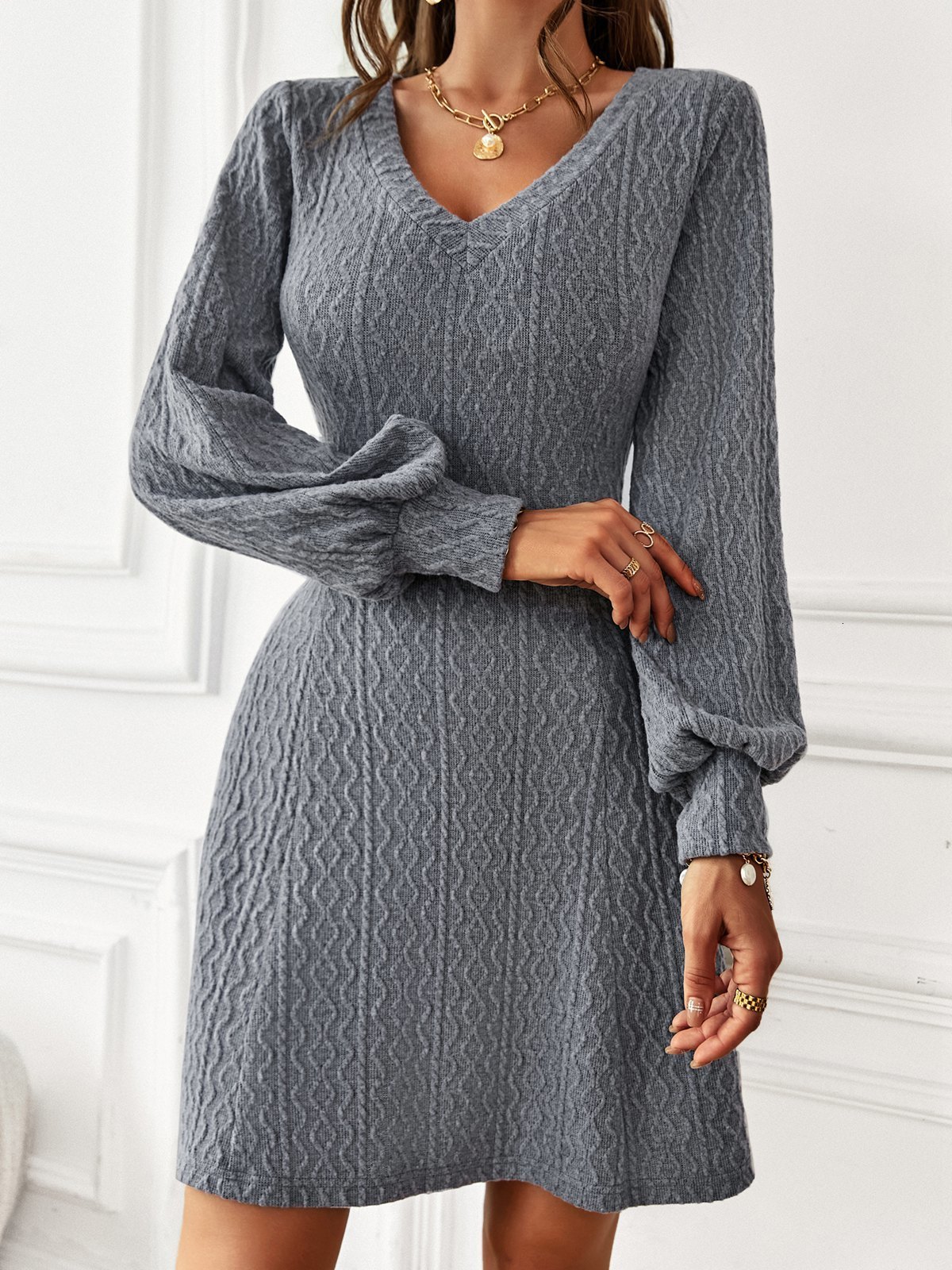 Casual Dresses Fashionabe V Neck Sexy High Waist Dress Women Autumn Winter Long Sleeve Solid Color Warm Elegant Dress 230222