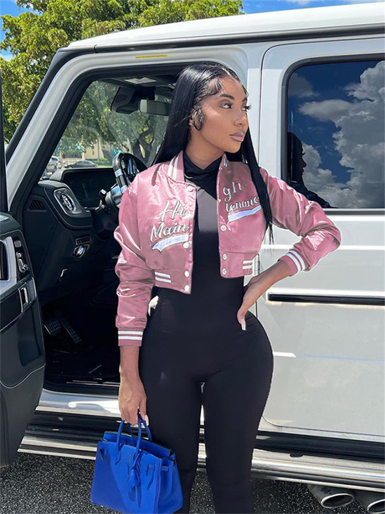 Womens Jackets FQLWL Fall Streetwear Jacket For Women Long Sleeve Crop Tops Blue Female Print Casual Coats And Varsity 230222