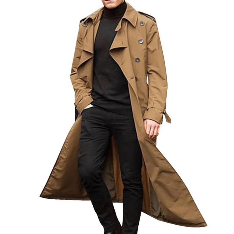 Mens Jackets Overcoat Vintage Long Trench Coat Double Breasted Jacket s Business Black Solid Windbreak Outwear 230222