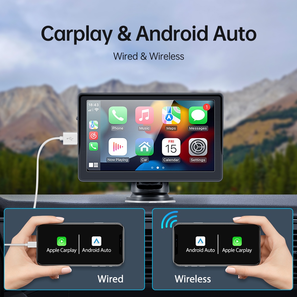 Portable 7 inch Apple CarPlay USB Mtimedia Player Android Auto Monitor AirPlay Phone Mirror Link Display for Car Bus SUV Pickup Taxi Truck Lorry Van M