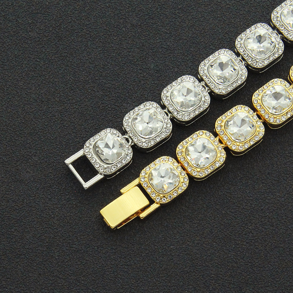 Hip Hop Cuban Link Chain Square Necklace Bracelet Set Heavy 18K Real Gold Plated zircon Metal Necklace for Men