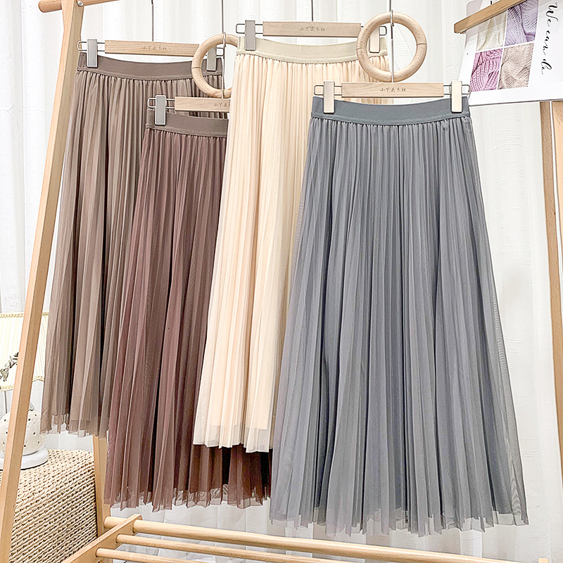 Casual Dresses Croysier Women Long Tulle Pleated Skirt Spring Summer Elastic High Waist Skirts Womens Elegant Mesh Midi Skirt Clothes 230222