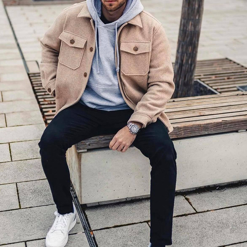 Men's Wool Blends Autumn Men Jackets Fashion Solid Long Sleeve Buttoned Turndown Collar Coats Casual Mens Clothes Outerwear Male Streetwear 23022