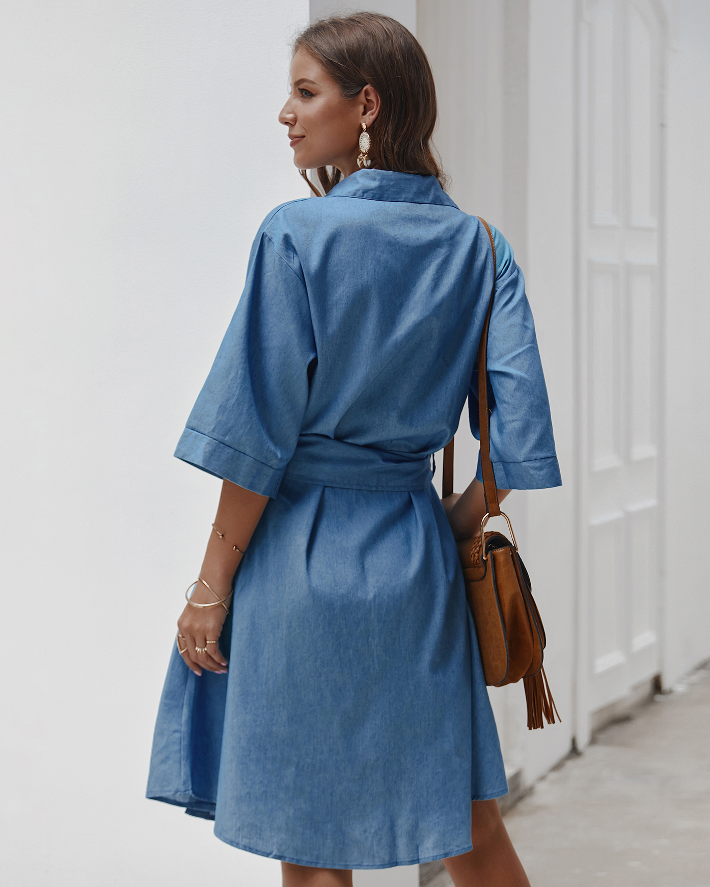 Casual Dresses GAOVOT Elegant Solid Color Shirt Dress For Women Fashion Single Breasted Lapel Holiday Casual Lace Up Dress Robe 230222